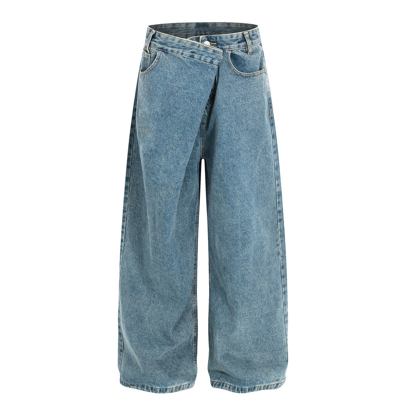 Front view of blue wide-leg denim jeans with asymmetric wrap waist