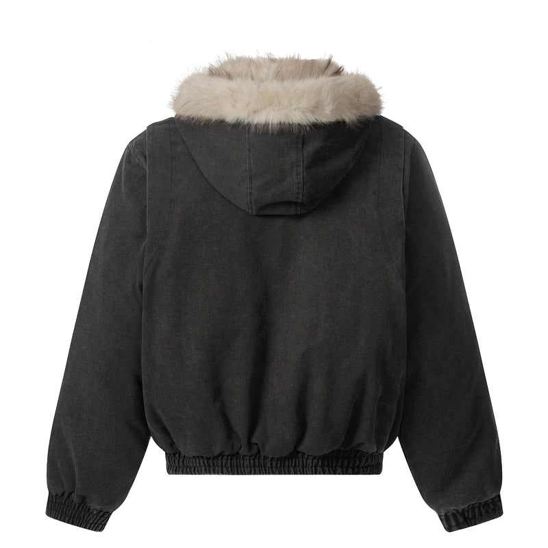 Detachable Fur Collar Washed Workwear Bomber Jacket