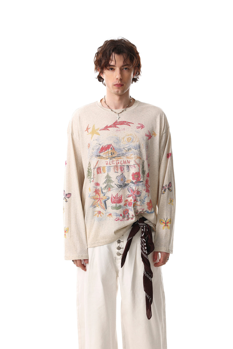 Model wearing cream long sleeve tee with vintage sketch-style multicolor graphic