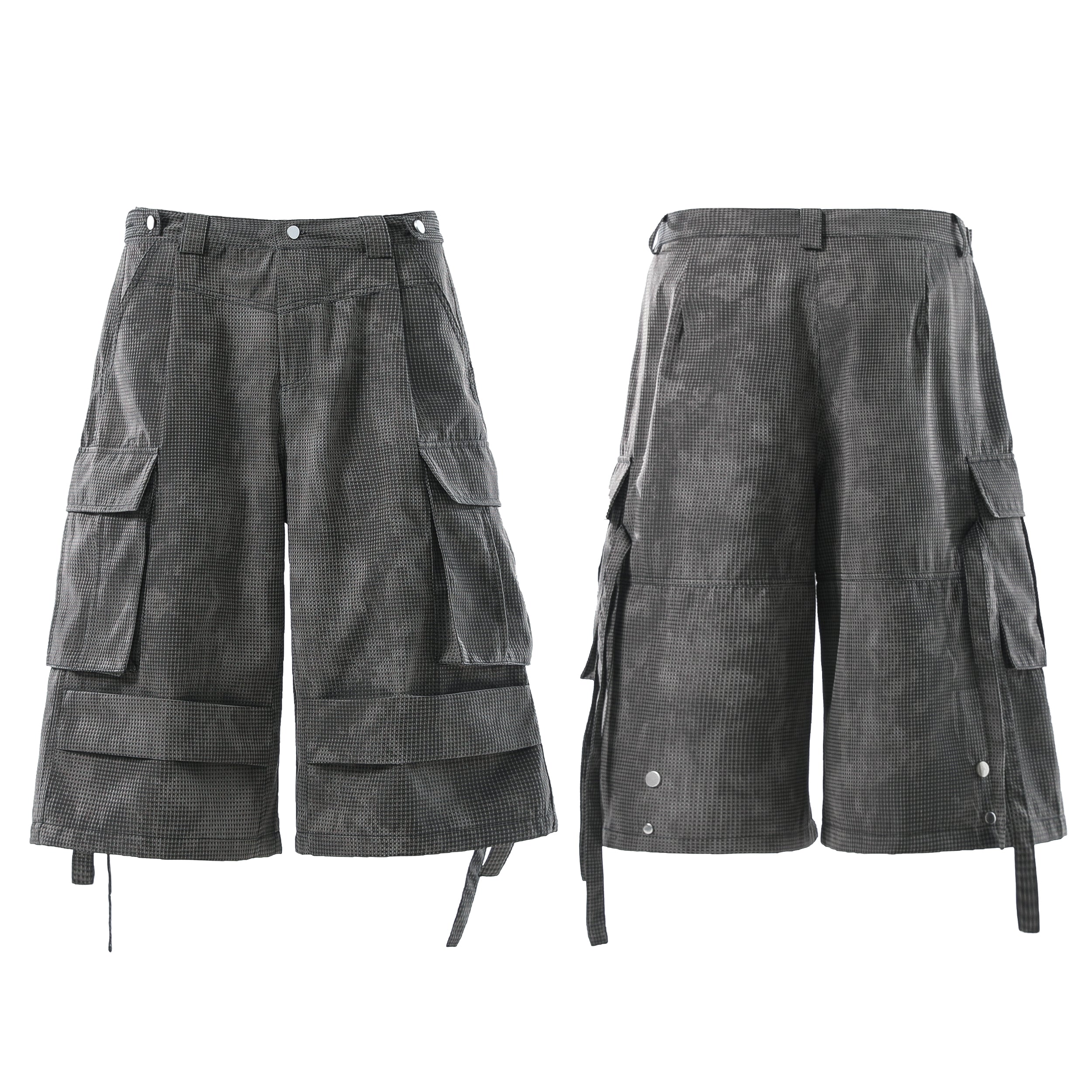 Front view of grey tactical mesh cargo shorts with layered pockets, strap detailing, and snap-button hardware