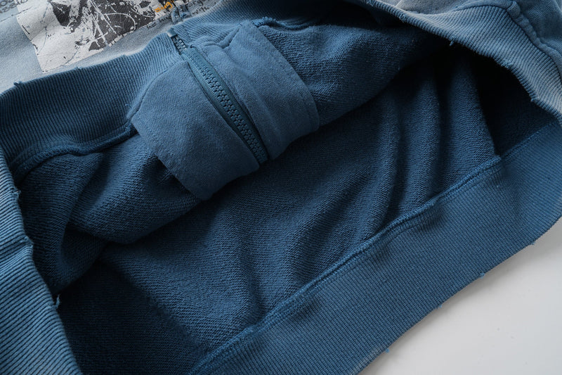 Close-up of hoodie interior and zipper with dark blue fleece lining