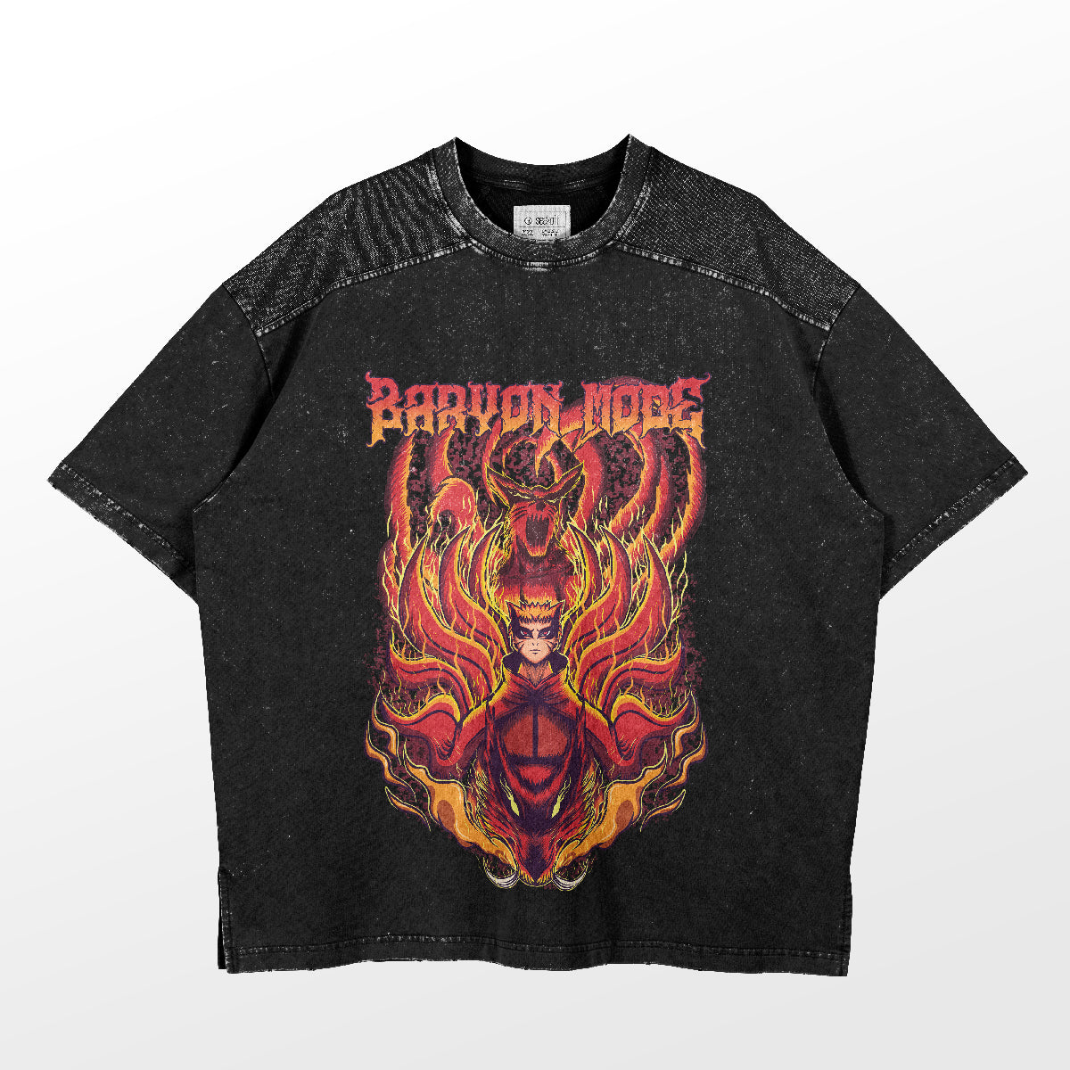 The Baryon Mode Naruto T-Shirt by Naruto features a bold, fiery dragon graphic with a woman and the words &quot;PARANOID MODE&quot; in red. This black distressed tee is perfect for fans of Kurama Fusion Design.