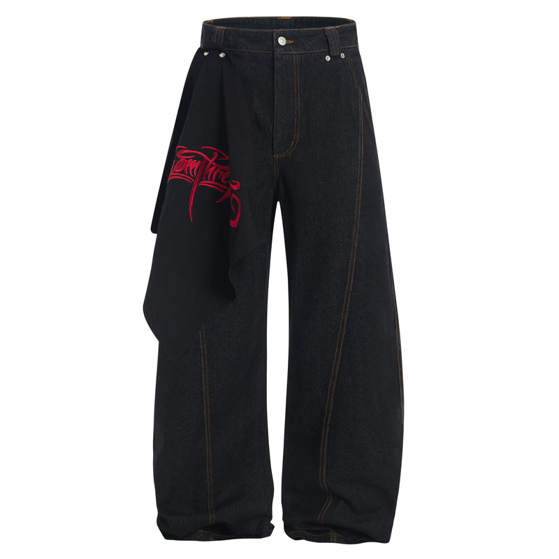 Wide-Leg Jeans with Red Embroidery & Side Drape | SEAKOFF
