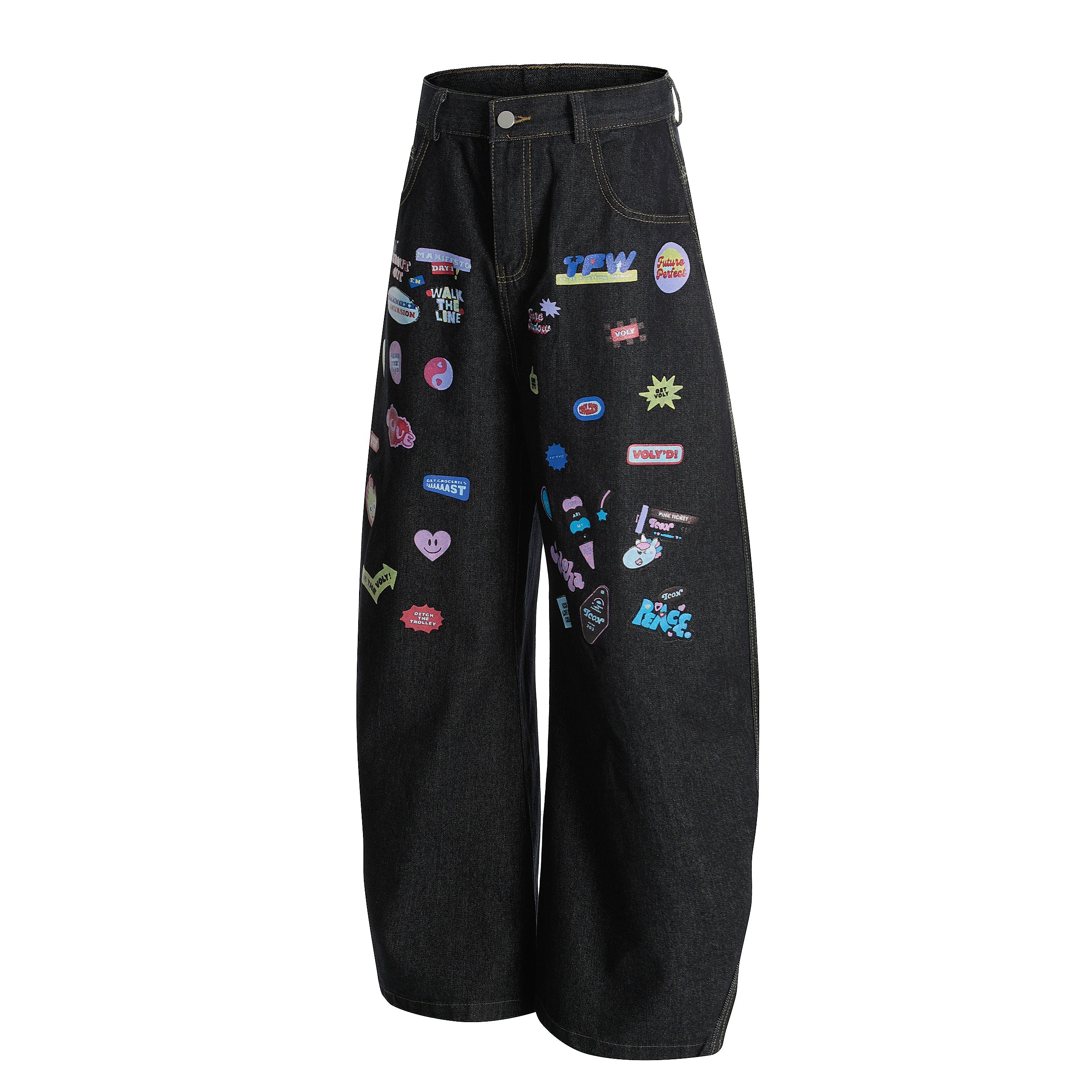 Graphic Patch Wide-Leg Denim Pants | Y2K Streetwear Jeans