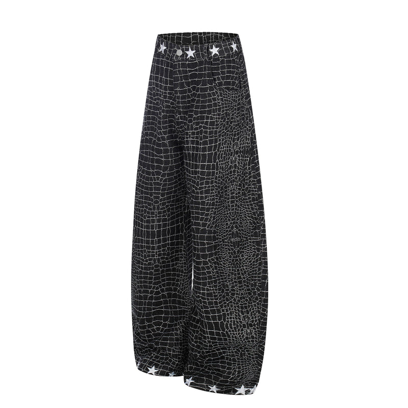 Black wide-leg pants with white star trim, angled front view