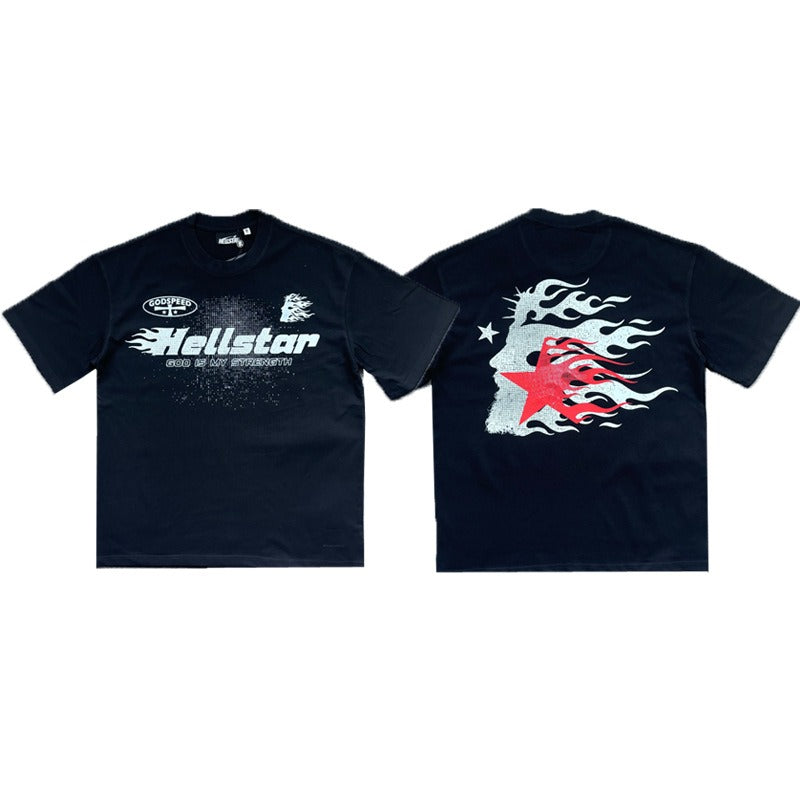 Hellstar God เป็นเสื้อยืดความแข็งแกร่งของฉัน-ผ้าฝ้าย 250gsm, Flaming Star Streetwear Tee