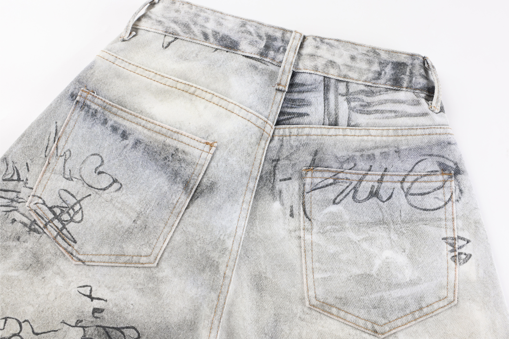Graffiti Washed Curved Wide-Leg Denim Pants | Oversized Fit