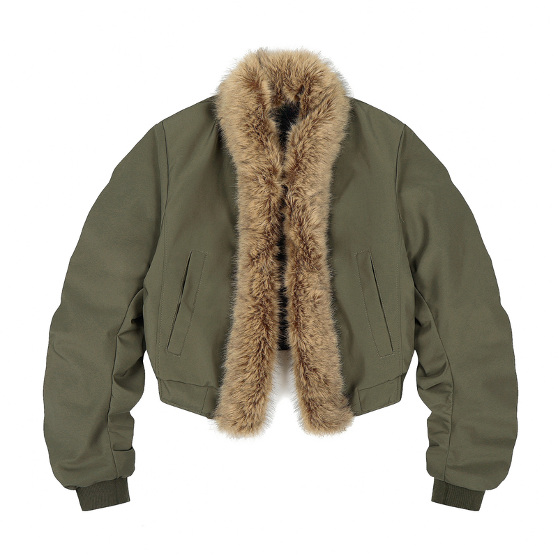 Detachable Faux Fur Scarf Bomber Jacket | Olive & Black