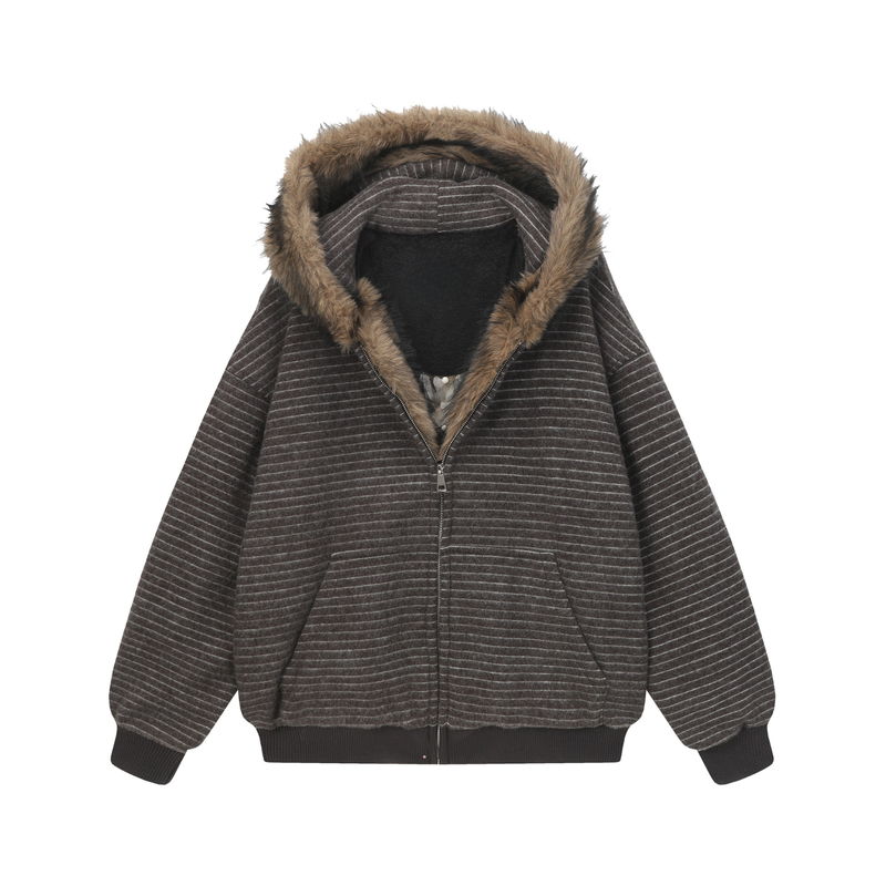 Striped Faux Fur-Lined Zip-Up Hooded Jacket | Omirad