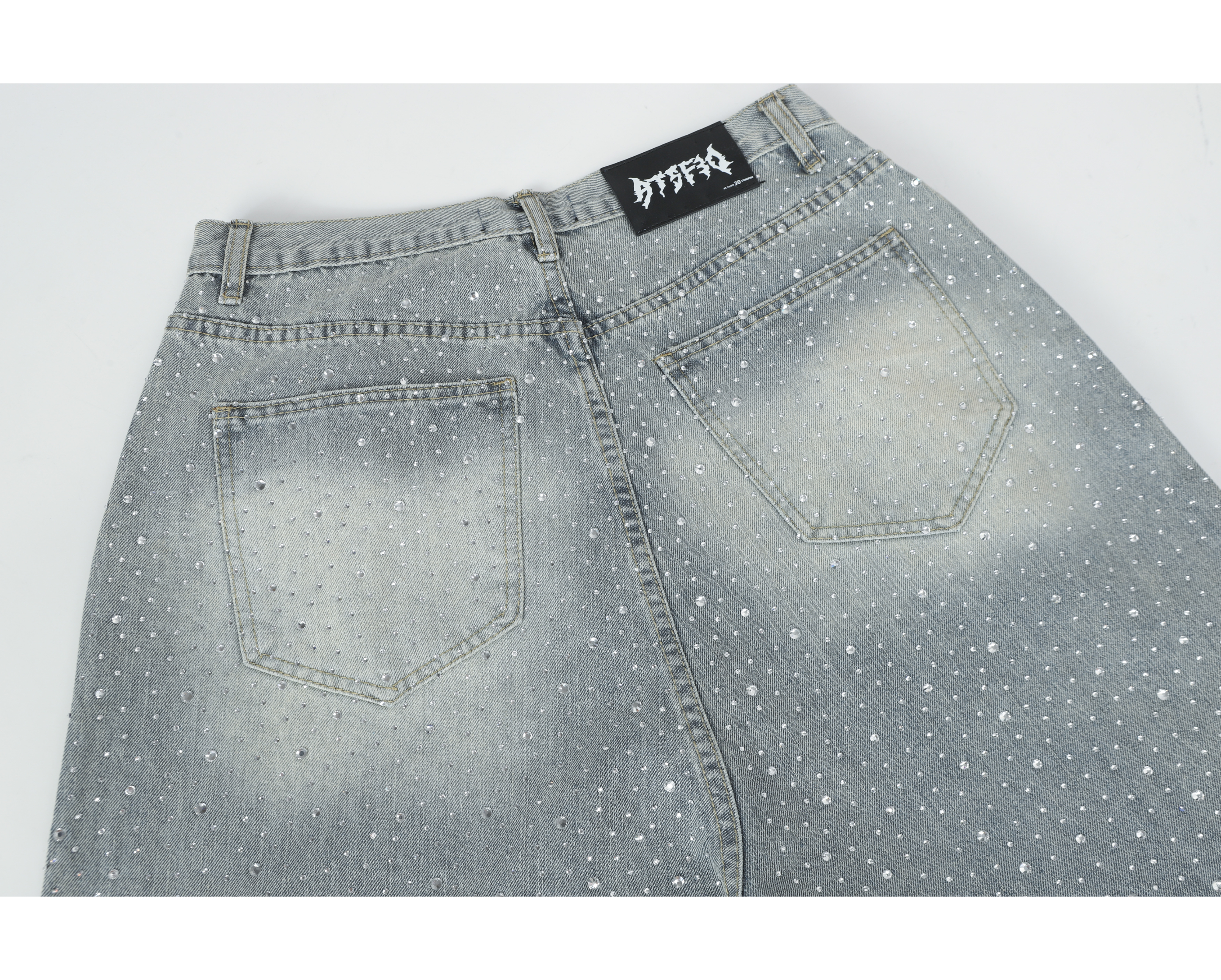 Light-Wash Rhinestone Wide-Leg Jeans | Oversized Stacked Denim