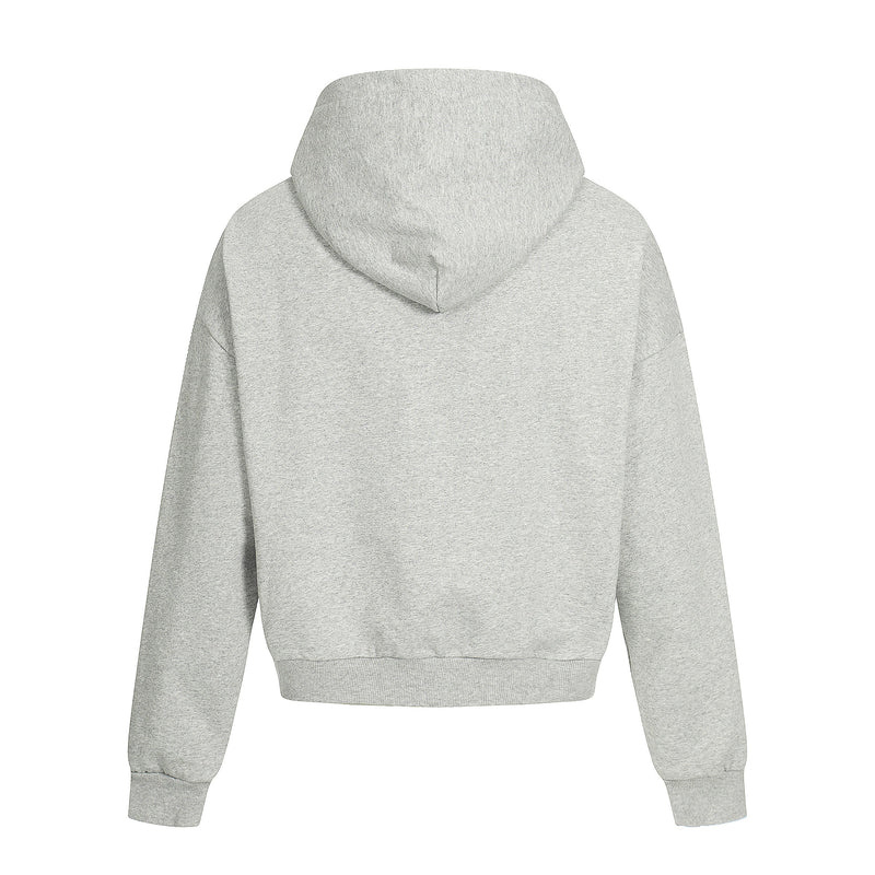 Light gray hoodie back view with plain hood and ribbed hem