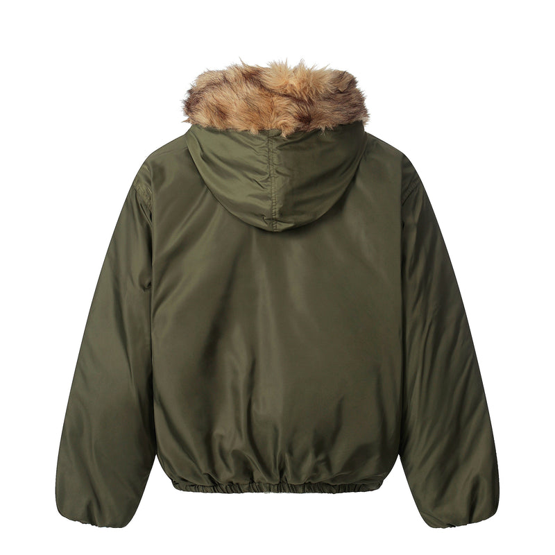 Faux Fur Trimmed Hooded Puffer Jacket | Army Green & Black