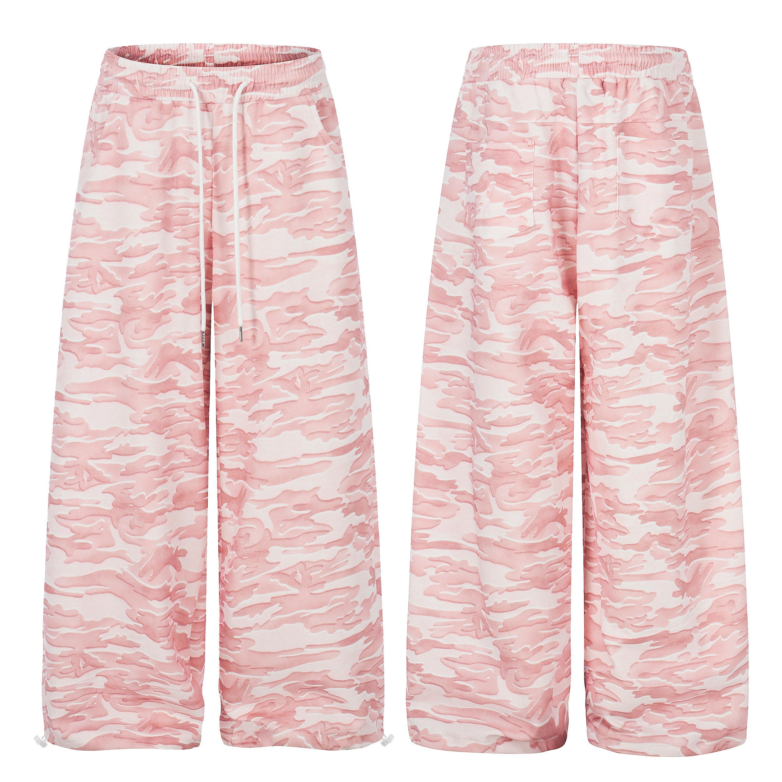 Front and back view of pink camouflage wide-leg sweatpants with white drawstring waistband on white background