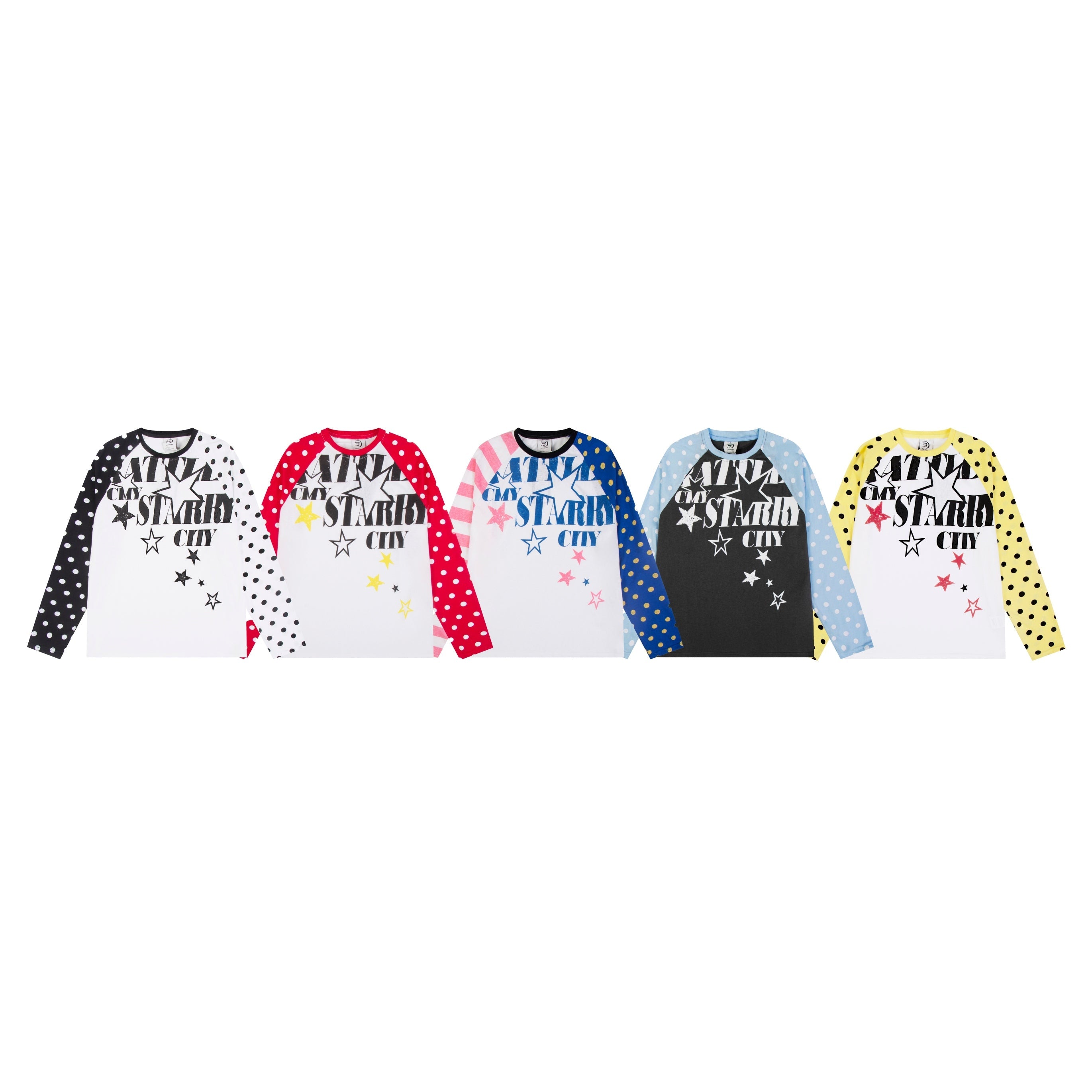 Omirad Starry City black and white contrast raglan long sleeve tee with polka dot sleeves and star graphic print