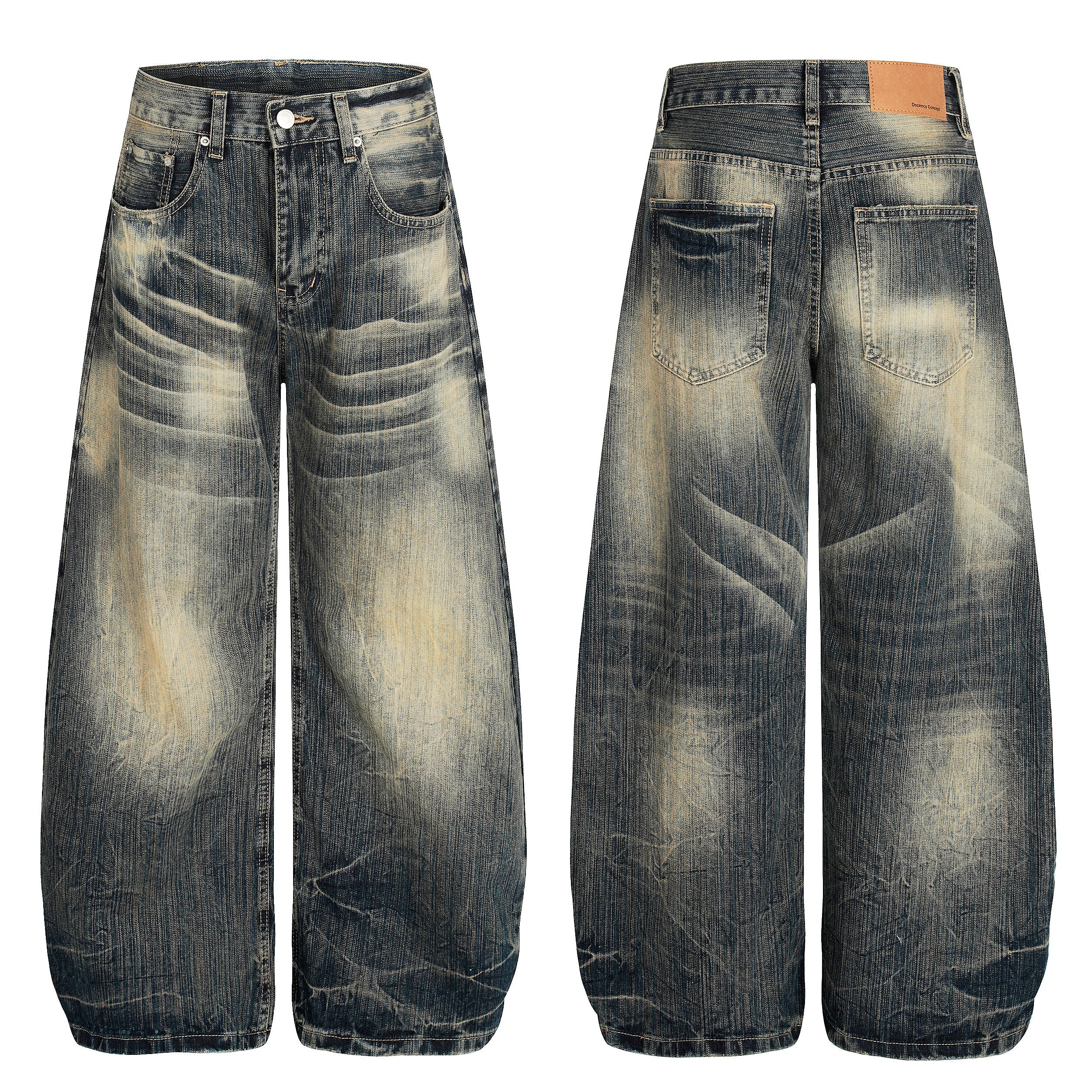 Front and back view of vintage washed wide-leg baggy denim jeans with heavy gradient fade and distressed texture