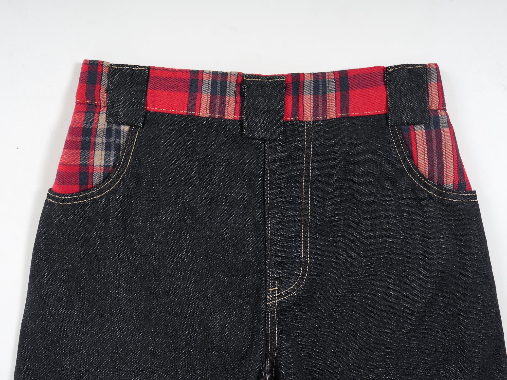 Plaid-Waist Wide-Leg Denim Pants | Retro Streetwear Jeans