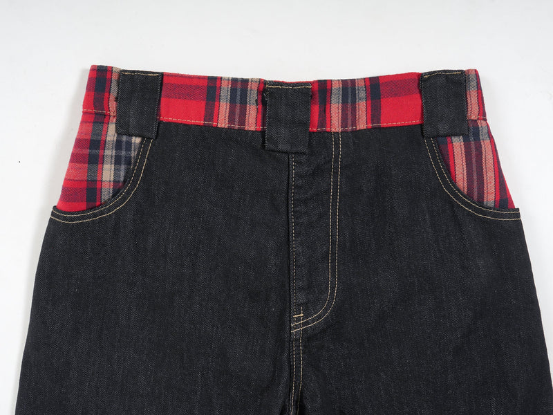 Plaid-Waist Wide-Leg Denim Pants | Retro Streetwear Jeans