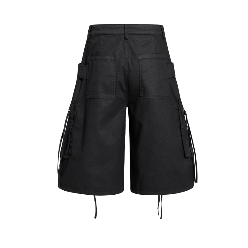 Black cargo shorts back view with wide legs, large patch pockets and side drawstrings
