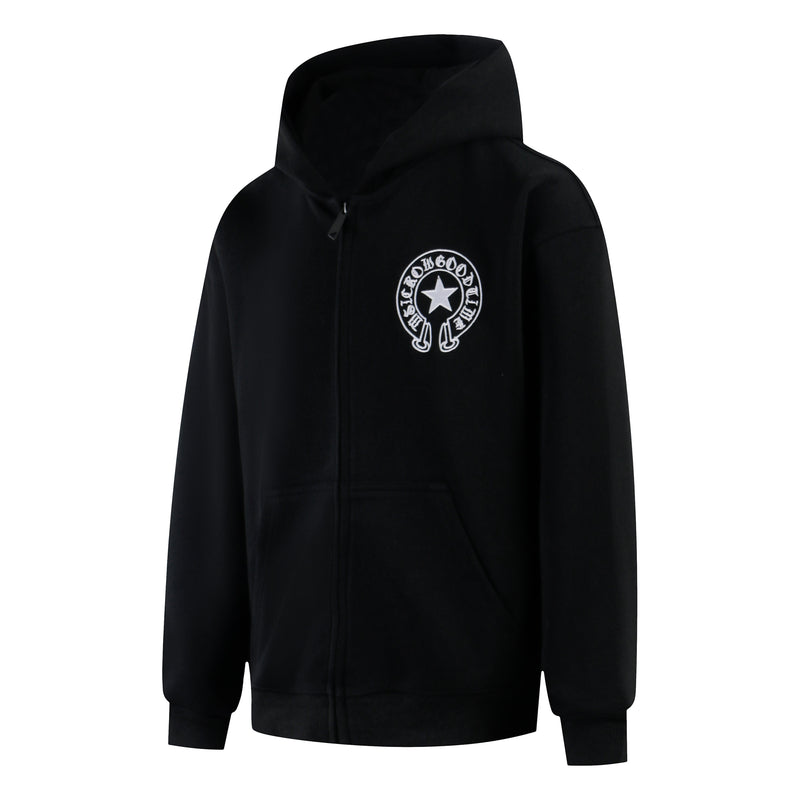 Plain black hoodie side view with white chest logo and front kangaroo pocket