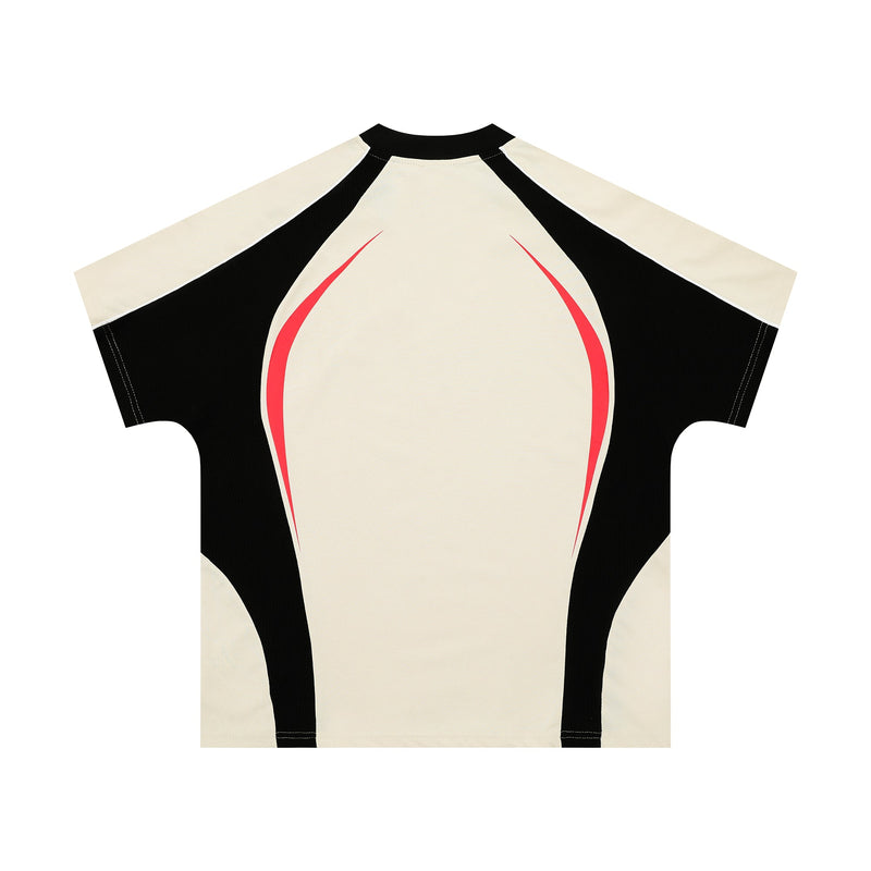 Cream and black athletic tee with bold red curved side panels and a sporty V-neck design