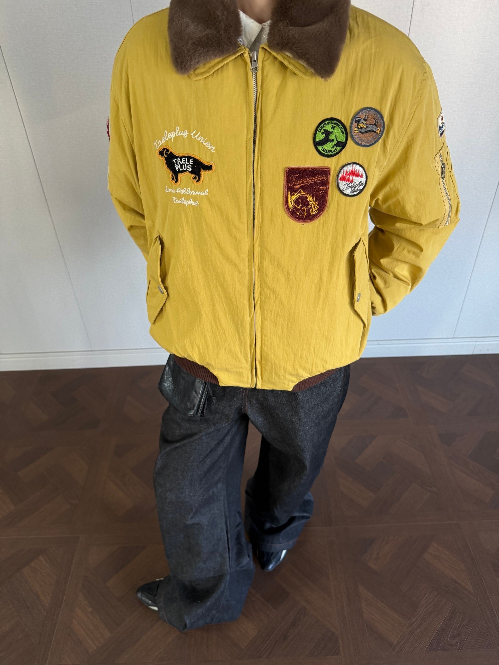 Taele Plus Aviation Patch Bomber Jacket with Fur Collar