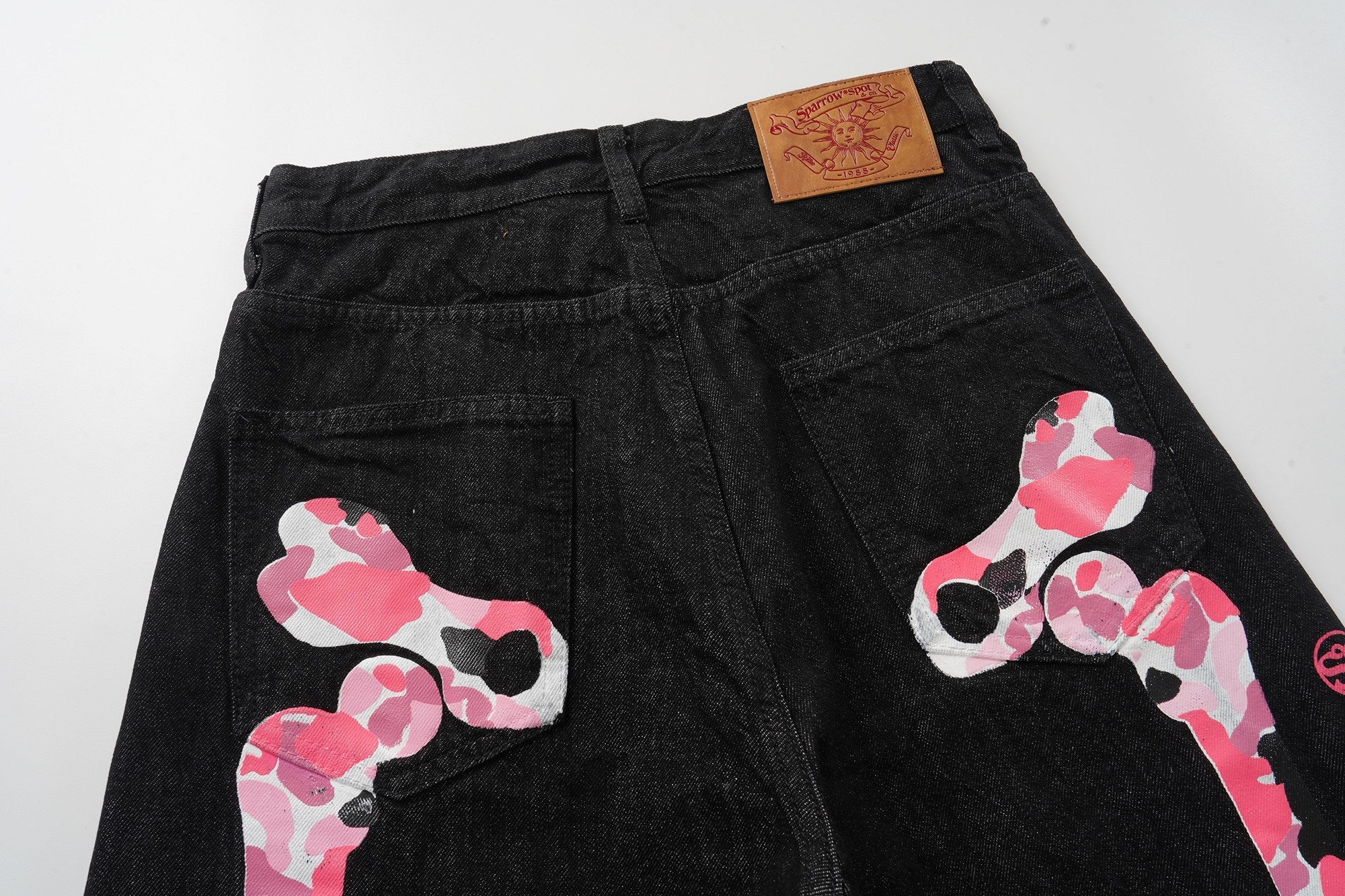 Skeleton Graphic Wide-Leg Black Denim Pants | Streetwear