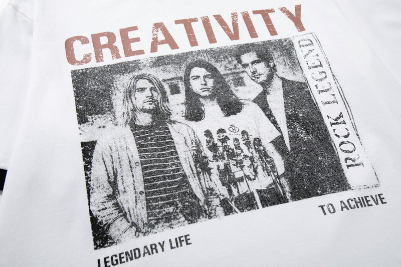 White ringer T-shirt with vintage grunge band graphic and bold Creativity text on the front