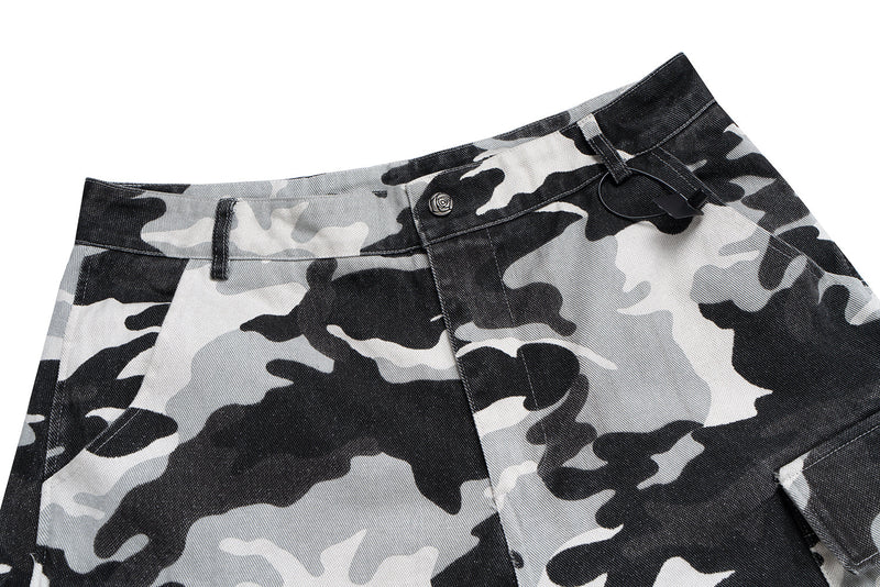 Top front view of camo cargo shorts showing waistband, button, and belt loop details