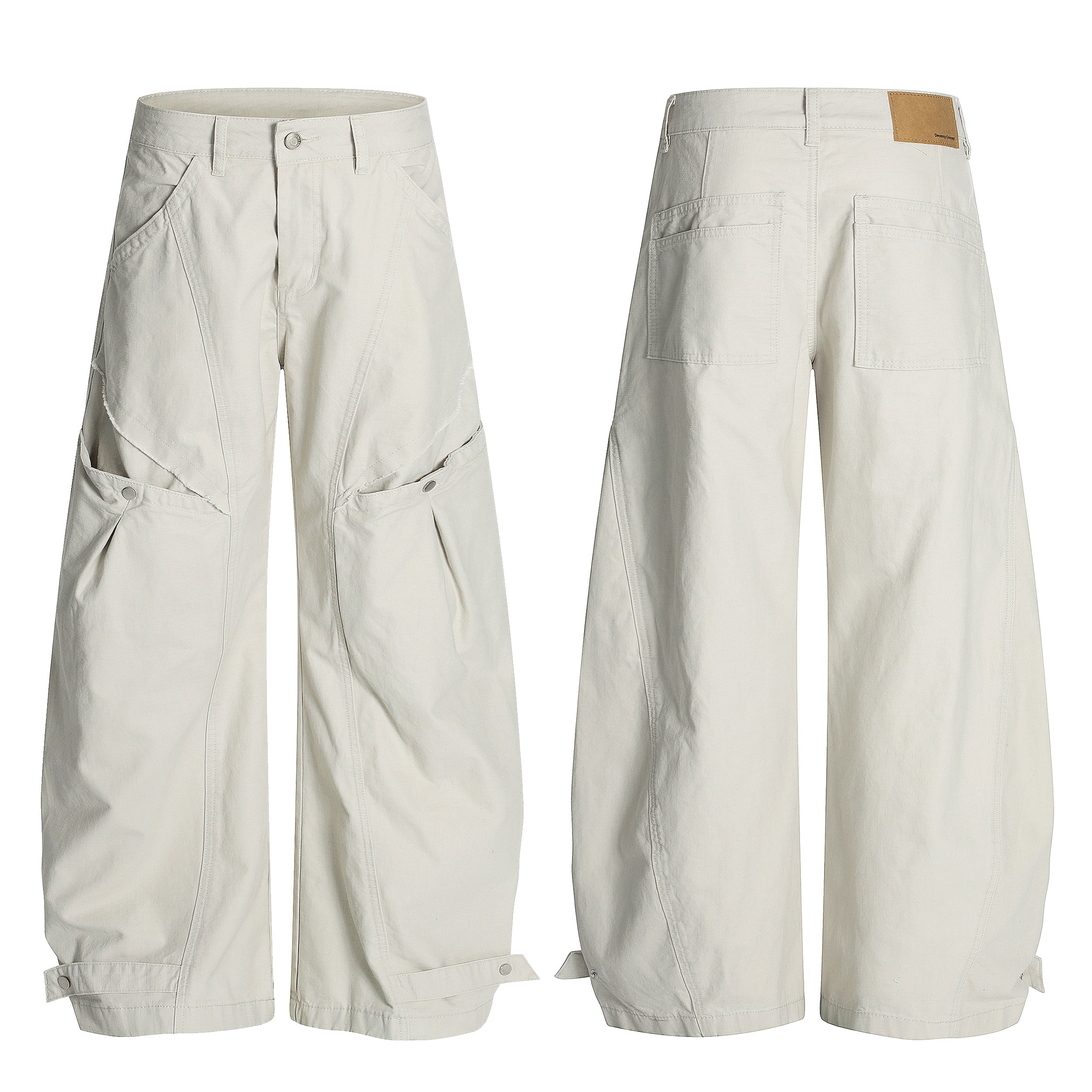 Front and back view of off-white wide-leg structured utility pants with sculpted panel lines and folded cargo pockets