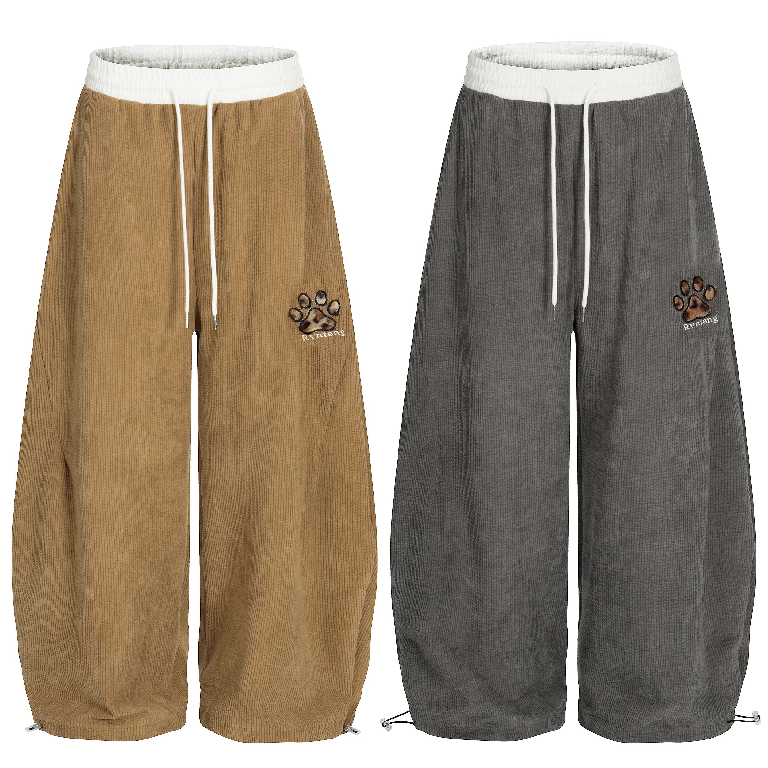 Omirad corduroy barrel-leg pants in tan and grey with leopard paw embroidery and white drawstring waistband