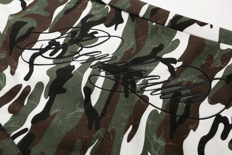 Close-up of camouflage shorts front graphic print detail