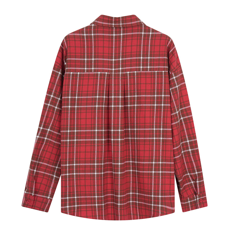 Back view of red plaid flannel shirt with long sleeves and a pointed collar