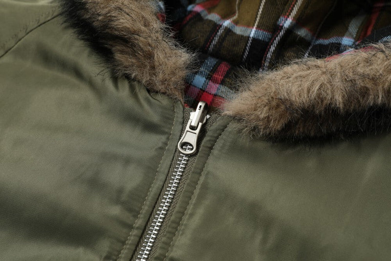 Reversible Plaid Faux Fur Hooded Bomber Jacket | Military Green