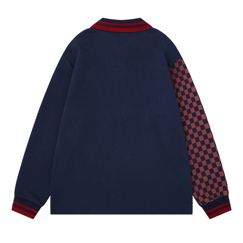 Back view of navy long sleeve jersey with red striped collar and checkered sleeve panel
