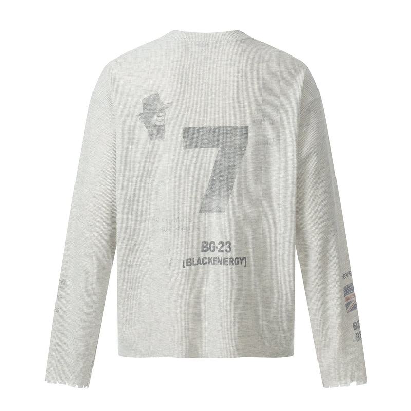 Light gray long sleeve tee back view with large number 7 and black energy text
