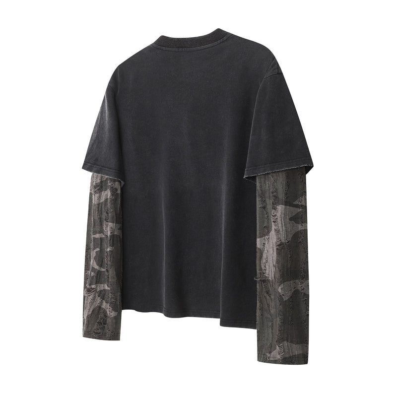 Back view of black tee with layered camo long sleeves and no back graphic
