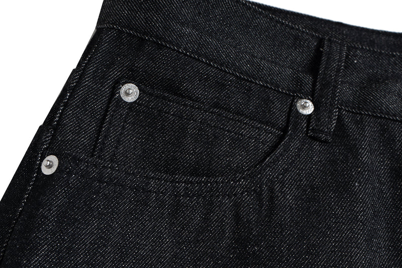 Close-up of the front pocket and belt loop on black denim
