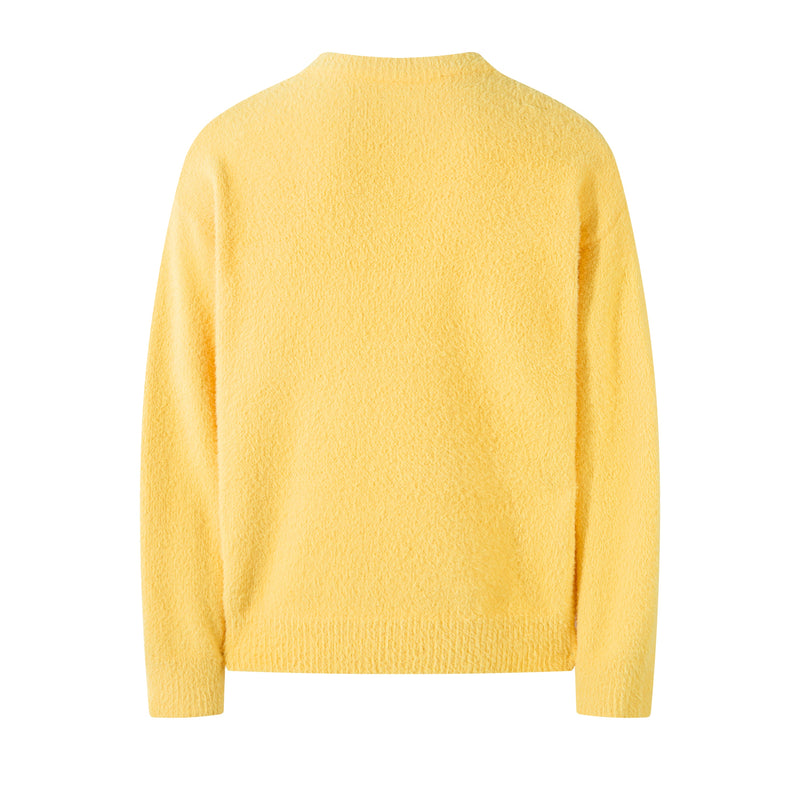 Yellow fuzzy knit crewneck sweater shown from the back