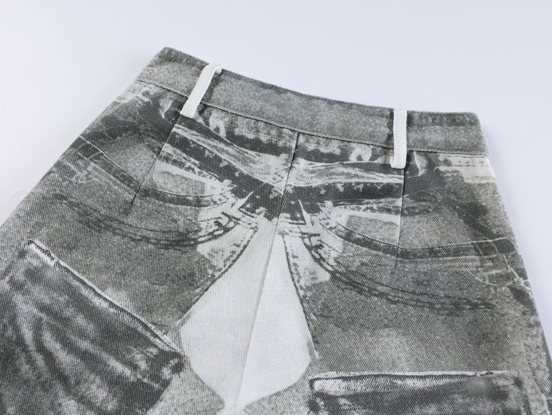 Close-up of gray collage print on the upper waistband area