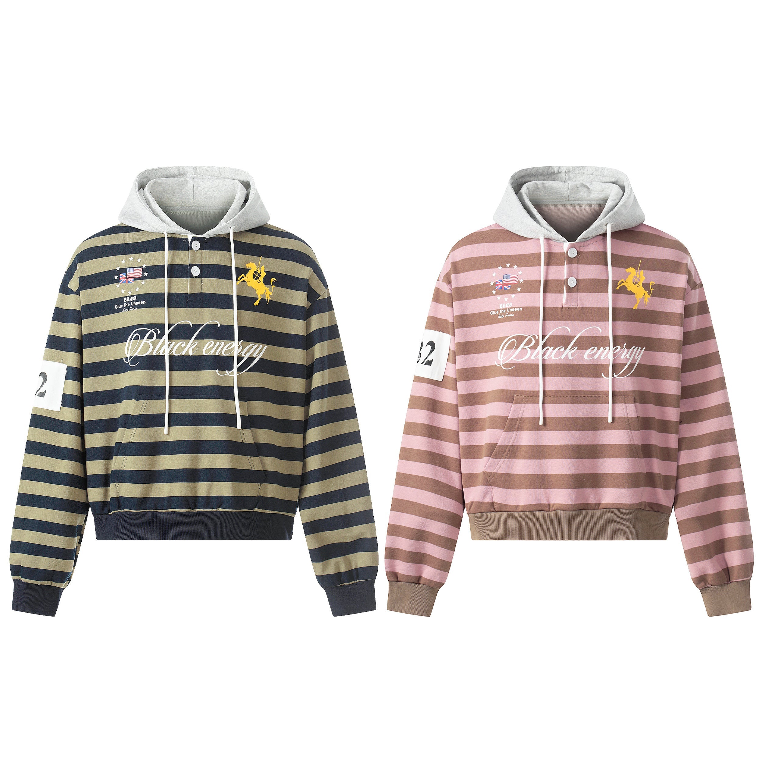 Navy and khaki striped rugby hoodie with grey contrast hood, snap button placket, and yellow polo horse graphic