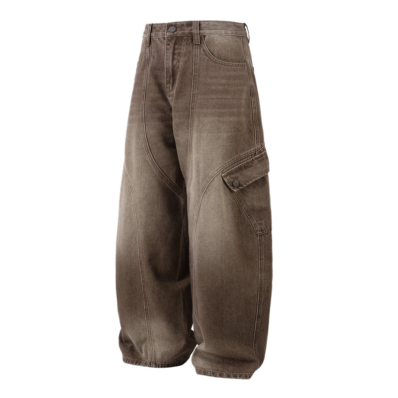Front angled view of brown barrel cargo pants with curved legs and side flap pocket
