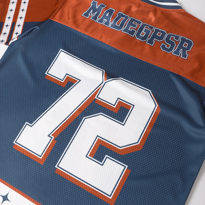 MADEGPSR Varsity 72 football jersey with navy mesh, orange accents, star stripes, and large white number 72 on front
