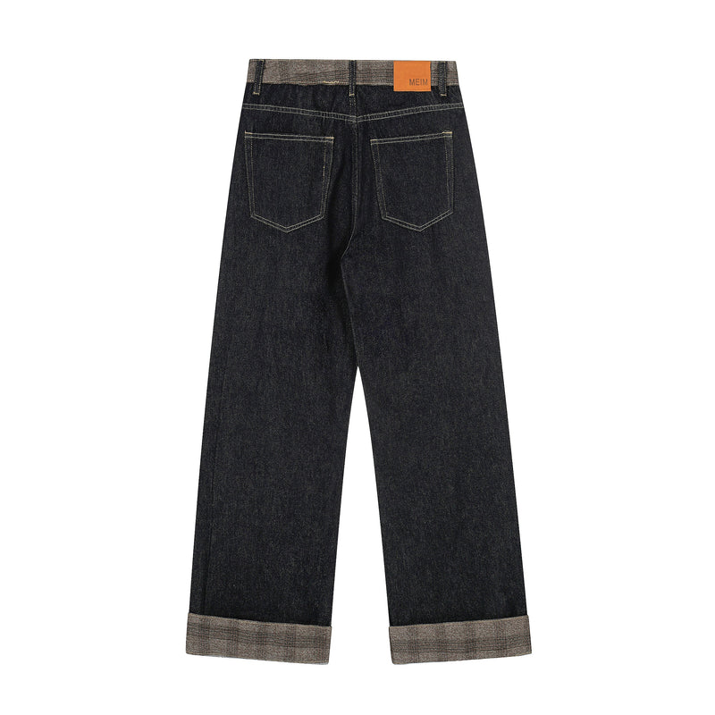 Dark wash wide-leg jeans with contrast waistband and cuffs, back view