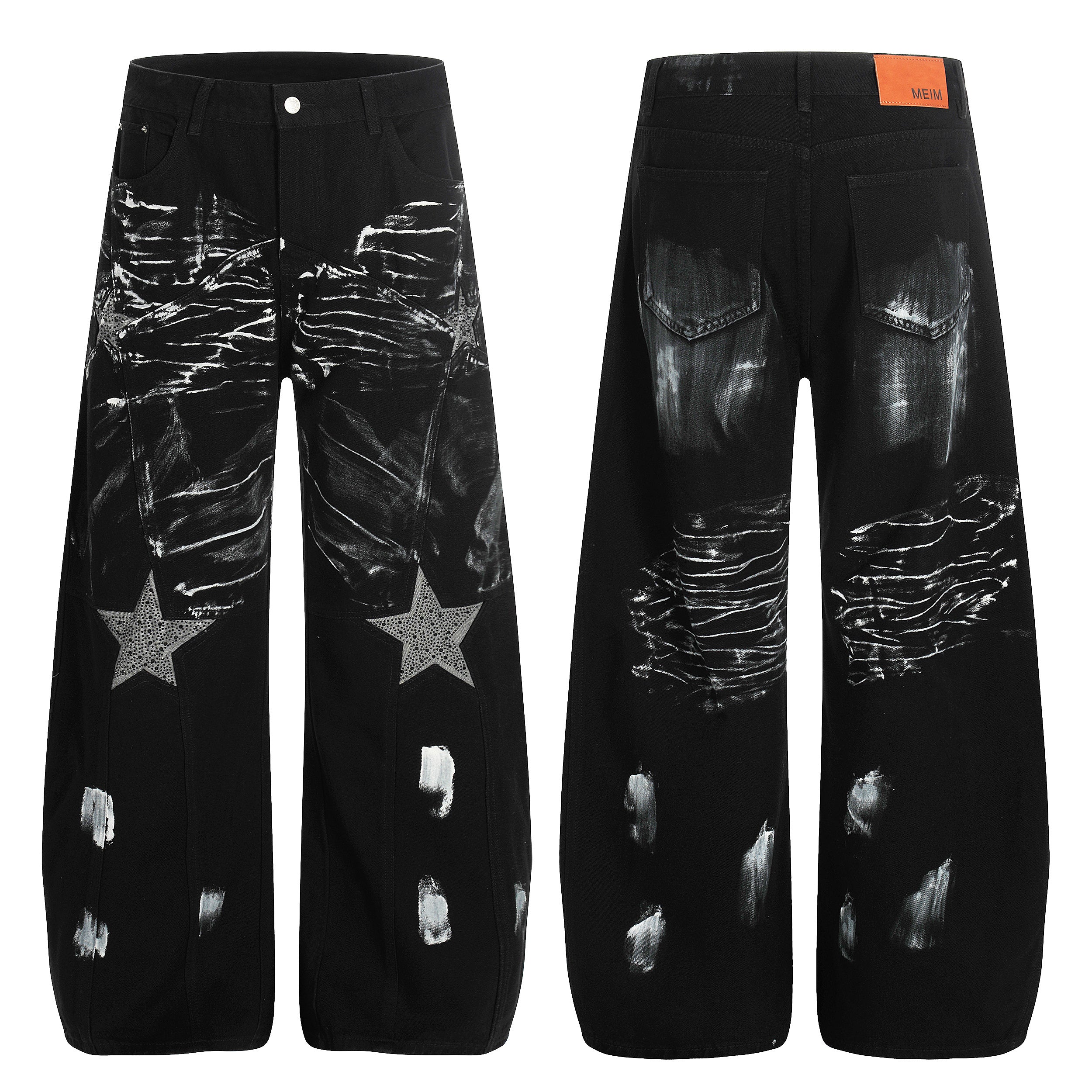 Front and back view of black wide-leg jeans with white brush-stroke paint graphics and grey star patches