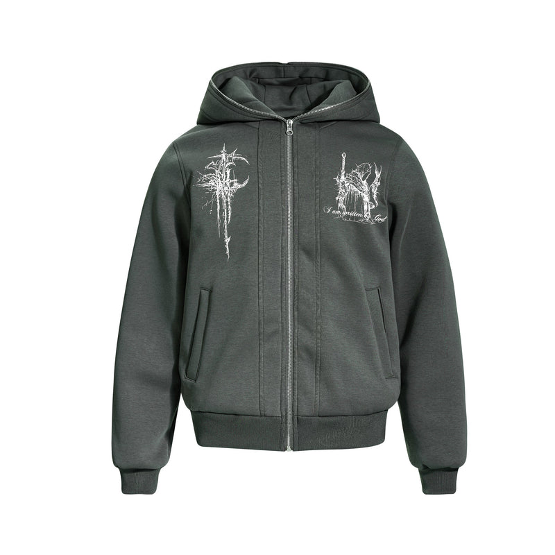 Dark green zip-up hoodie with white gothic chest graphics, front view