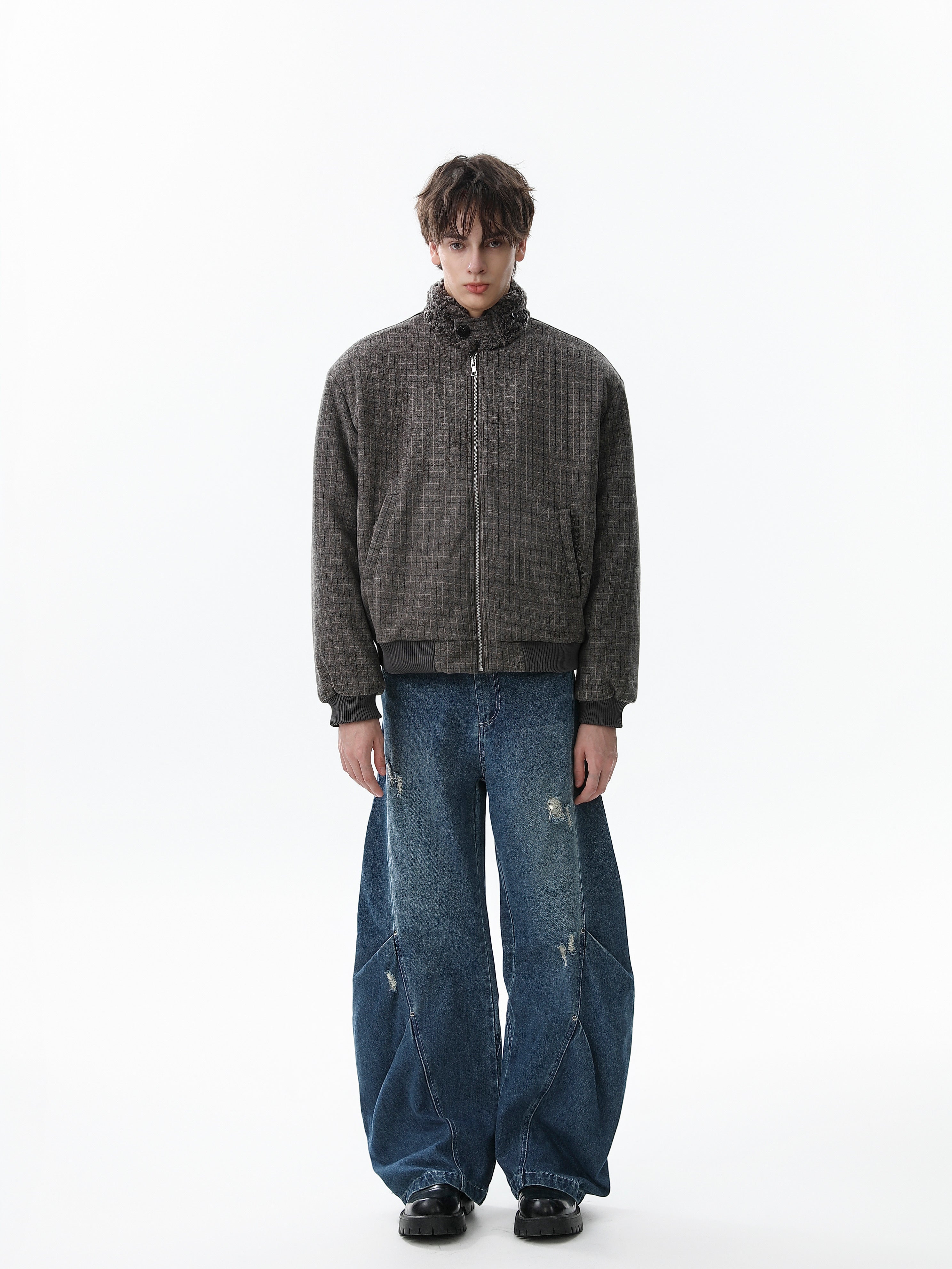 Check Pattern Faux Fur Collar Bomber Jacket | Omirad