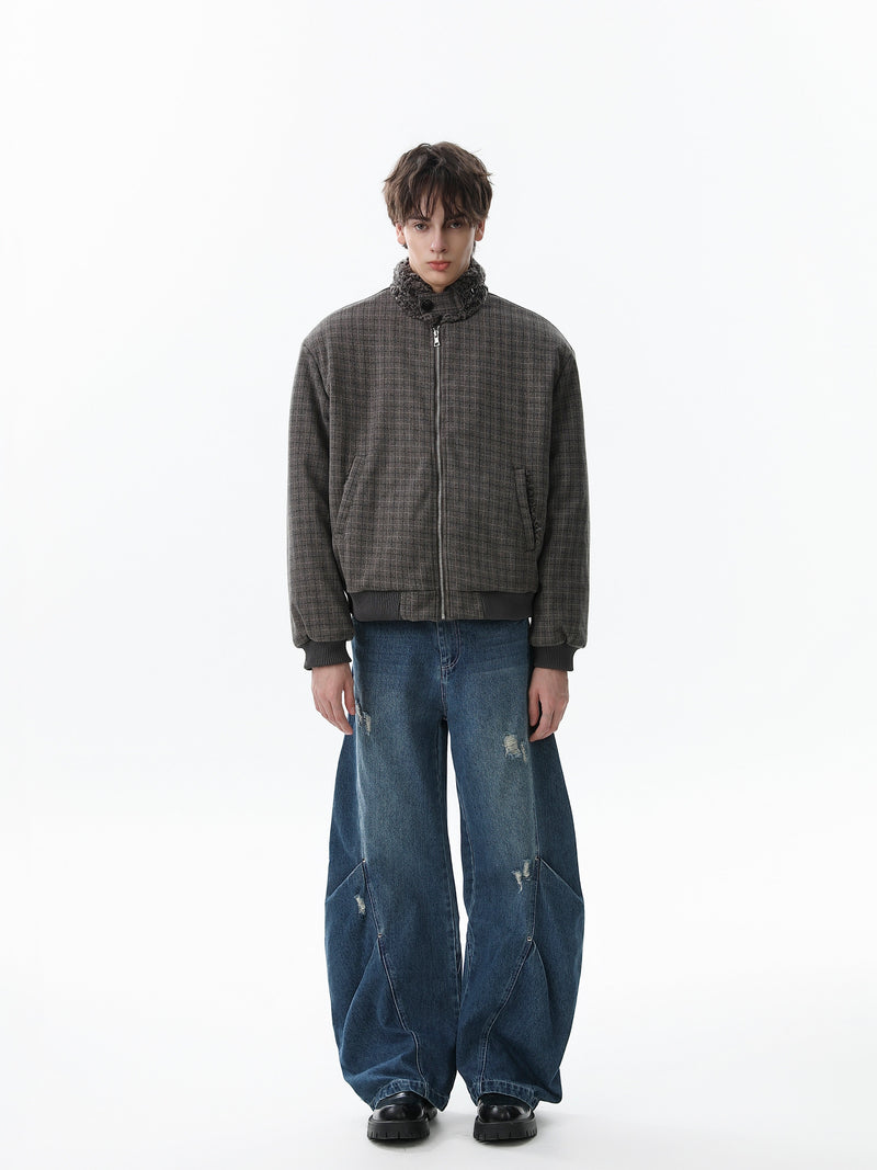 Check Pattern Faux Fur Collar Bomber Jacket | Omirad