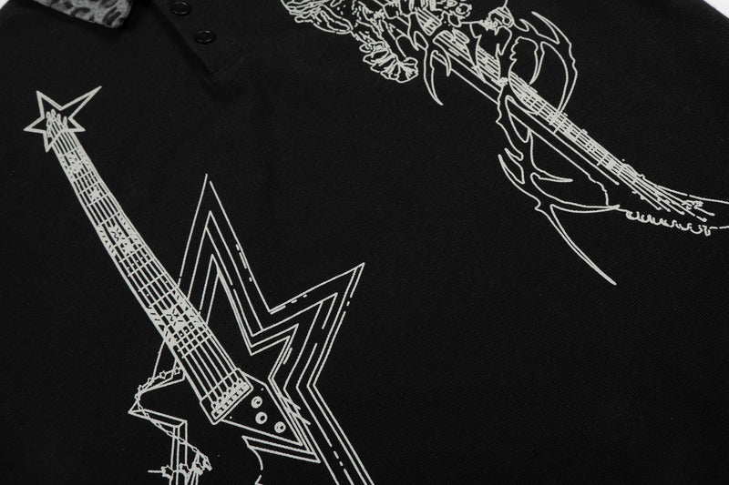 Black streetwear polo tee with white rock-style graphic print and leopard print collar detail