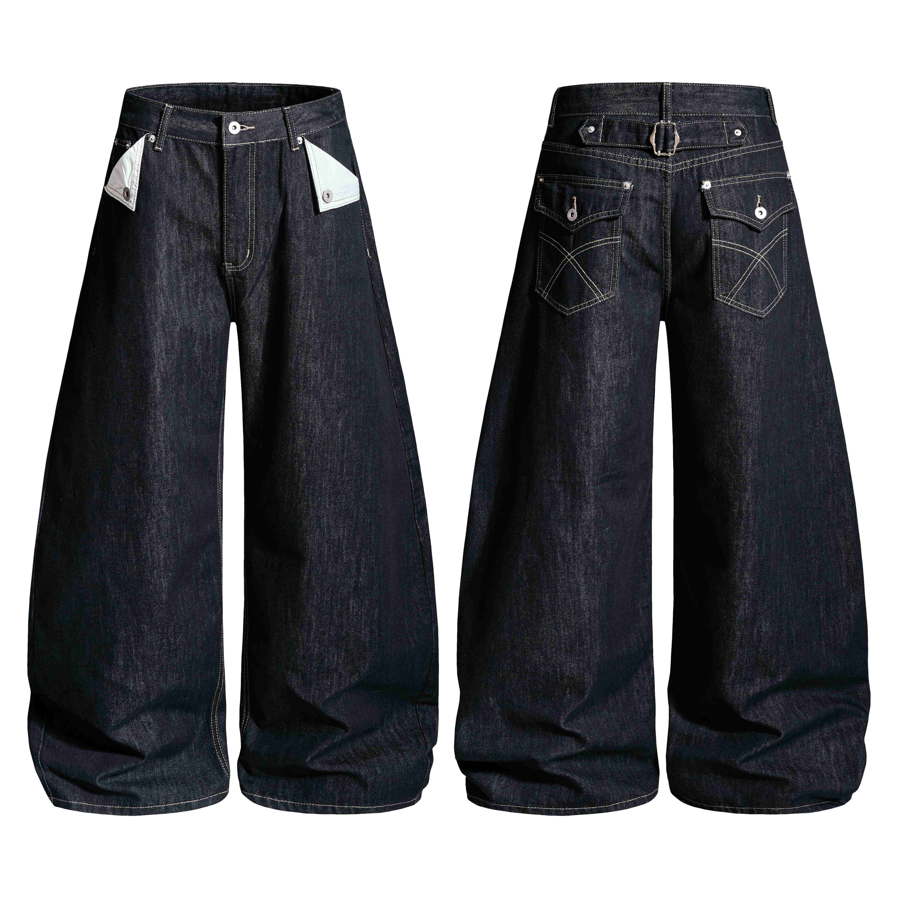 Front and back view of dark indigo wide-leg denim pants with contrast stitching, exposed light-wash pocket lining, and back b