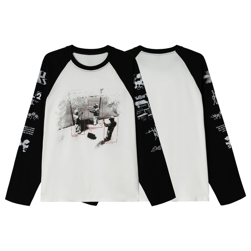 White raglan long-sleeve T-shirt with black sleeves, front and back views